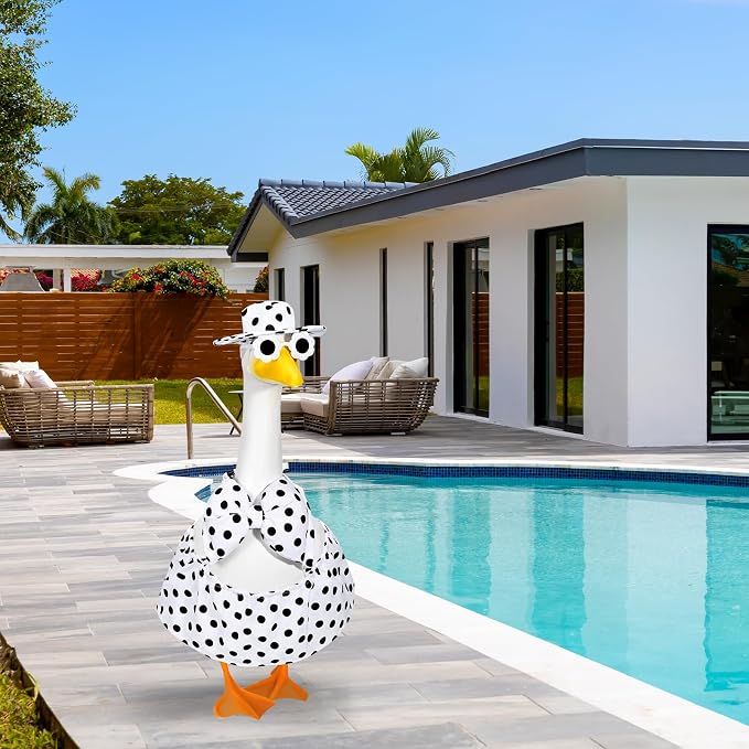 JcHrmers Summer Hawaiian Goose Outfit Porch Goose Bikini Outfits with Hat & Sunglasses Fits 23 Inch Geese Statues for Creative Lawn Yard Garden Beach Pool Party Decor(White Polka Dots)