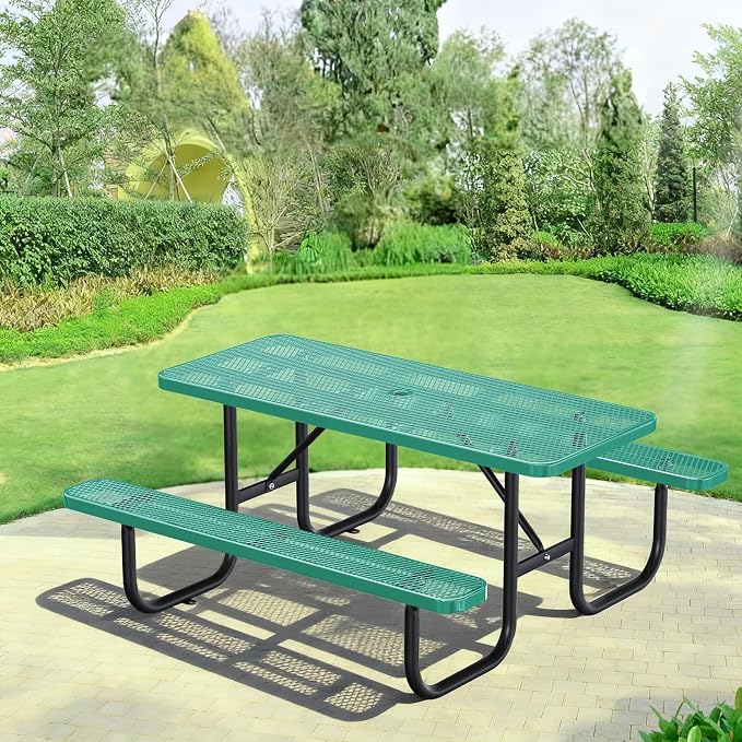 6FT Rectangular Outdoor Picnic Table with Attached Benches, Heavy-Duty Expanded Metal Mesh Patio Table, Commercial-Grade Outdoor Seating for Park, Backyard, Deck, Lawn, Green