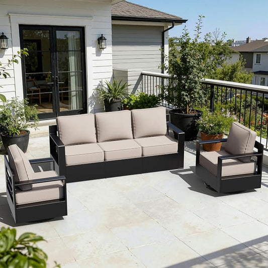 Outdoor Aluminum Furniture Set, 3-Piece Patio Conversation Set, 2 Swivel Chairs and 1 Sofa, All-Weather Metal Frame, 6" Thick Removable Cushions, Deep Setting for Garden, Poolside and Porch