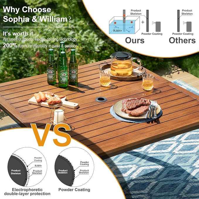 Sophia and William Patio Dining Set, 5 PCS | E-Coated and Steel, Square Table, Straight Legs Chairs, Umbrella Hole, Weather-Resistant