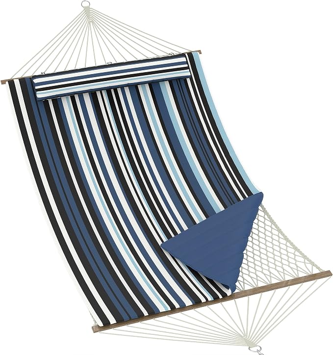 2 Person 12FT Hammocks for Outside, Double Quilted Fabric Outdoor Hammock with Spreader Bar, Large Removable Pillow, Storage Pockets, Carabiners, Max 450 Lbs Capacity
