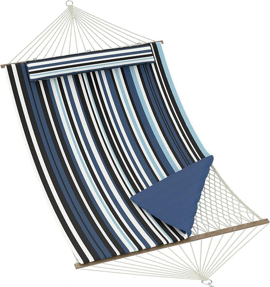 2 Person Outdoor Hammock with Stand - Cotton Rope & Polyester Pad - Adjustable Steel Frame - Relaxing Patio, Garden, Beach Lounger - Dark & Light Blue Stripes