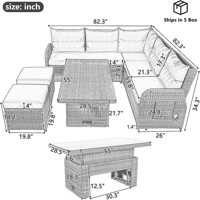 Outdoor Patio Rattan Sectional Sofa Set with Adjustable Height Table and 2 Ottomans, All-Weather Conversation Sets with Seats Side Tables and Adjustable Backrest for Garden Backyard (Grey-2.19)