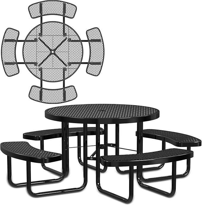 Leisure Craft Metal Picnic Table with Bench - 46" Round Outdoor Dining Table for 8 with Umbrella Hole, Weatherproof Heavy Duty Thermoplastic Coating, Commercial Grade Furniture Made in USA - Black