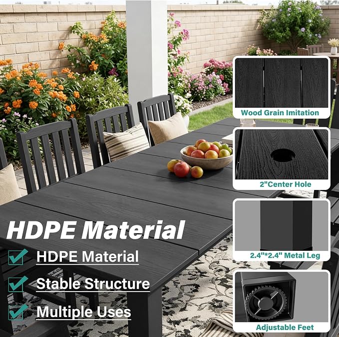11 Piece Outdoor Dining Set for 10, Patio Table, Chairs Set, Black | 89.4” table,10 person HDPE outdoor dining set, 304 stainless steel, weather resistant up to 10 years for large gatherings