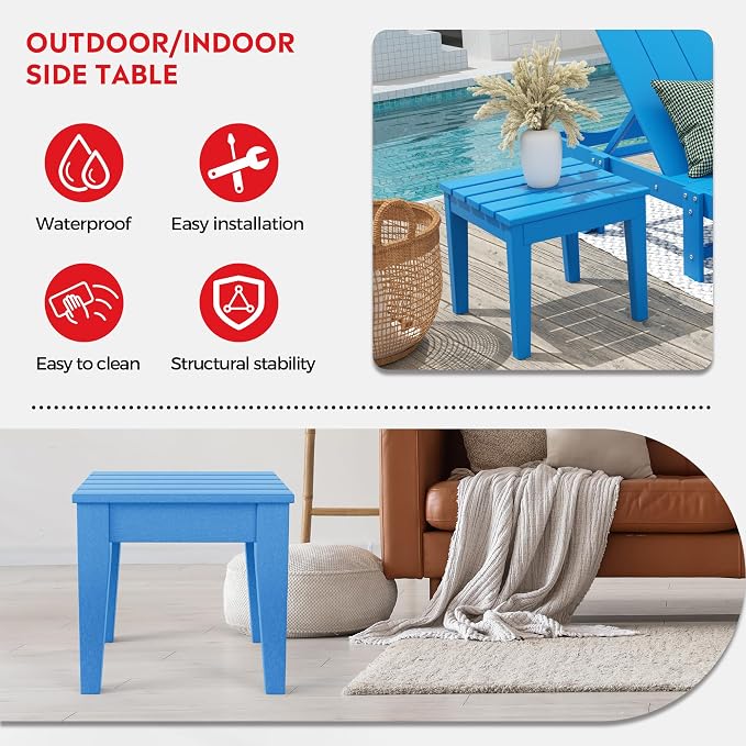Costaelm Outdoor Patio Table and Chairs Set of 2, 2-Piece HDPE Garden Chair with Square Adirondack Side Table Set, Porch Chairs Coffee Table for Outside Porch Backyard, Pacific Blue
