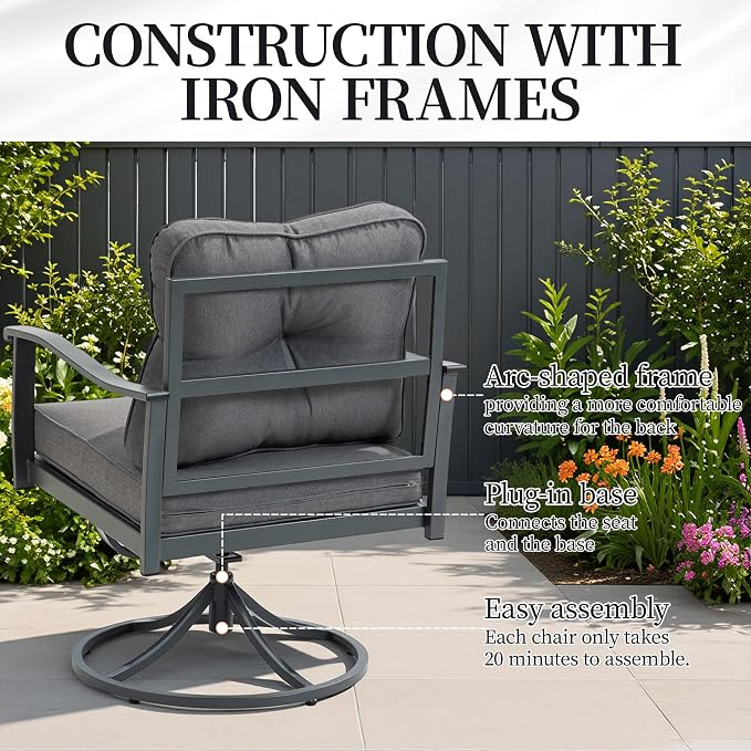 Outdoor Patio Furniture Set, 2 PCS Rocking Armchairs with High Back Deep Seat, Weather-Resistant Metal Frame, Grey Cushions for Porch Deck Balcony