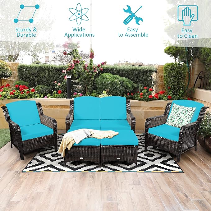 COSTWAY 5PCS Patio Wicker Rattan Furniture Set, Loveseat Sofa with Ottomans and Cushioned Chairs, Conversation Sets for Outdoor Garden Backyard