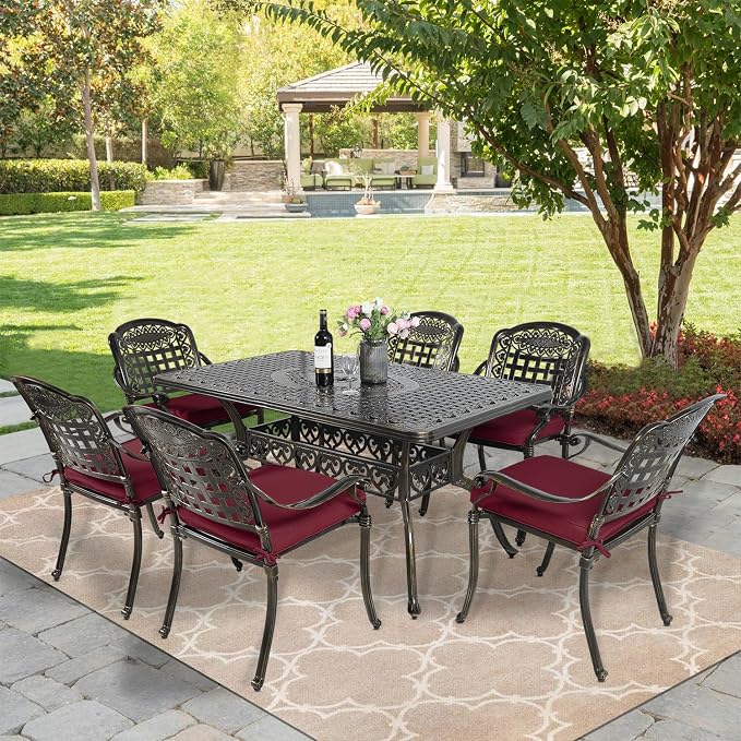 MEETWARM 7-Piece Outdoor Furniture Dining Set, All Weather Cast Aluminum Patio Garden Set with 6 Chairs, 6 Cushions, 1 Rectangular Table, 2" Umbrella Hole, Dark Bronze, Chili Red