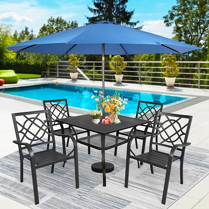 SUNCROWN 6-Piece Outdoor Wrought Iron Chairs and Table Patio Dining Furniture Set - 4 Stackable Metal Chairs, 1 Steel Slat Bistro Table and 1 Dark Blue 9Ft Patio Umbrella for Garden Backyard Deck