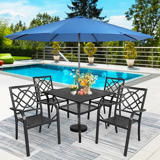 SUNCROWN 6-Piece Outdoor Wrought Iron Chairs and Table Patio Dining Furniture Set - 4 Stackable Metal Chairs, 1 Steel Slat Bistro Table and 1 Dark Blue 9Ft Patio Umbrella for Garden Backyard Deck