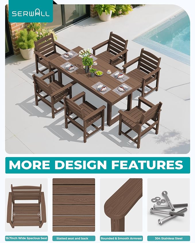 SERWALL HDPE Outdoor Dining Set for 6, 67'' Patio Table and Chairs Set | with Armchair Seat