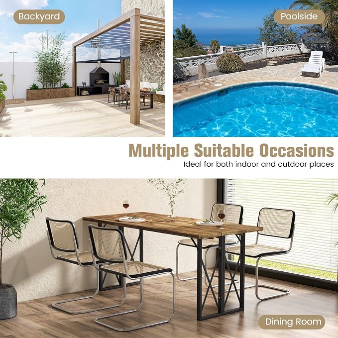 Tangkula 67 Inch Outdoor Dining Table, Acacia Wood Patio Table with 2 Inch Umbrella Hole, Heavy-Duty Metal Frame, Indoor Outdoor Picnic Table for 6