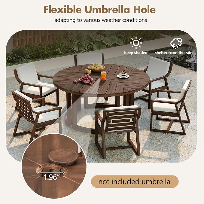 Merax 7 Pieces Outdoor Dining Set for 6 People, Acacia Wood Patio Furniture Sets with Round Table and Six Cushioned Chairs for Backyard, Garden, Lawn, Poolside, Tabletop with Umbrella Hole, Mocha