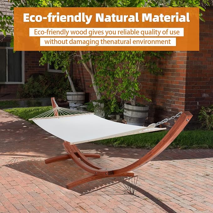 ECOTOUGE 12 FT Wooden Hammock with Stand, Outdoor Hammock with Wood Stand for Single Person Heavy Duty Hammock and Stand for Outside Backyard, Balcony, Porch, Patio, Garden, 330 lbs Capacity, White