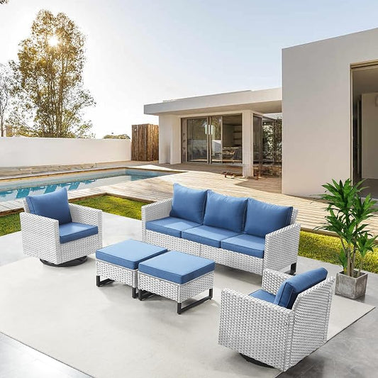 Belord Wicker Patio Furniture 5 Piece Outdoor Sofa Set, Oversize Outdoor Swivel Rocker Chairs with Rattan Ottomans, Conversation Sets Patio Furniture Come with Removable Cushion Blue, Light Grey