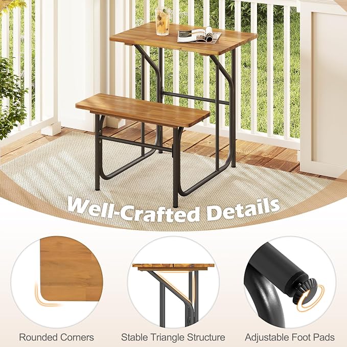 Tangkula Patio Dining Bench Set for 2, Heavy-Duty Outdoor Acacia Wood Dining Furniture with Metal Legs for Balcony, Backyard, Poolside, Garden (2,32” x 27.5” x 29.5”)