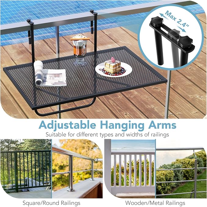 Giantex Balcony Table, Folding Outdoor Side Table for Railings Up to 2.4" Thick, Space-Saving Railing Serving Table with Metal Frame, Foldable Bar Table for Patio, Porch, Deck (24”x20”x20”)