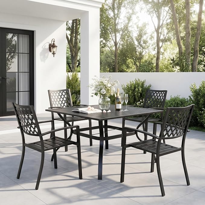 Sophia & William 5 PCS Patio Table and Chairs Set,37" Black Square Table | Stackable Chairs w/ Umbrella Hole,Weather-Resistant,E-Coated,Perfect For Patio,Garden and Yard