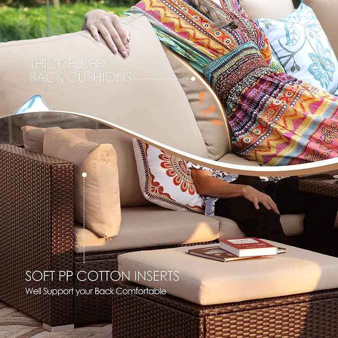 NICESOUL 11 Piece Outdoor Furniture Set with Natural Gas/Propane Firepit, Luxury 10-Seater Patio Sectional, 29.3'' High-Back Backyard Seating, All-Weather Rattan Couch Set for Deck, Brown & Beige