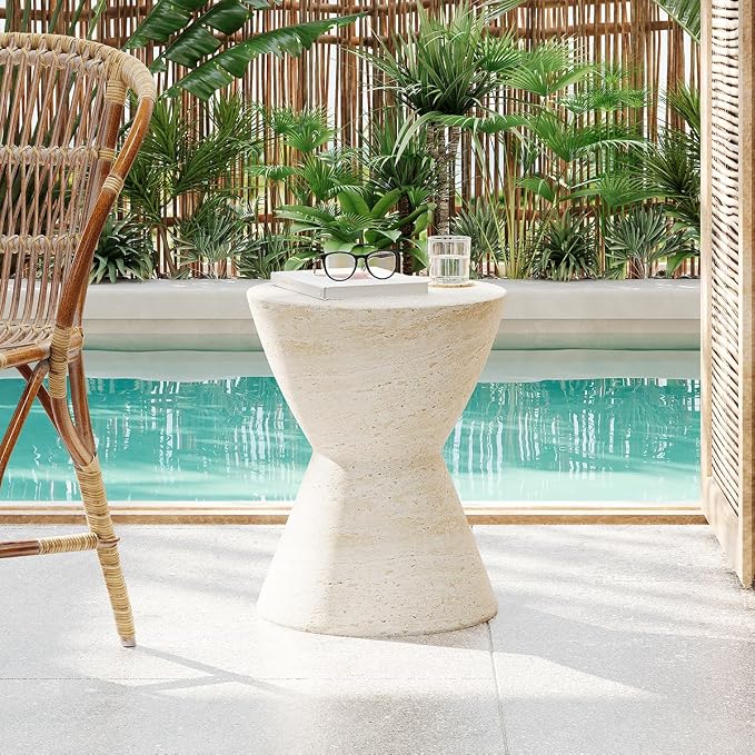 Outdoor Side Table Faux Marble Side Tables Travertine End Table Round Small Coffee Tables for Patio, Garden Stool Plant Stand for Porch, Backyard, Magnesium Oxide，Hourglass,Waist Drum