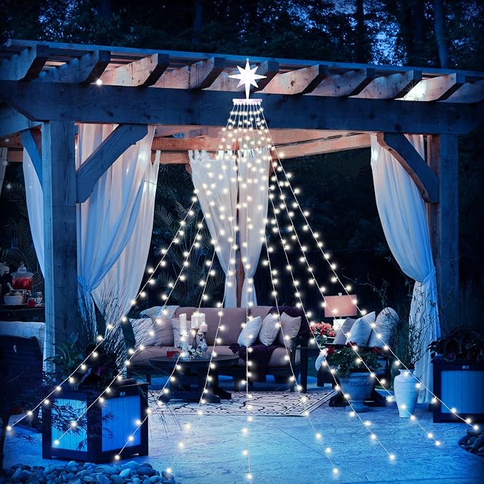 Christmas Decorations, Outdoor Christmas Lights, 320 LED Outdoor Christmas Tree String Lights with 12" Star Toppers [8 Modes& Waterproof] for Xmas New Year Holiday Decor (Dipper White)