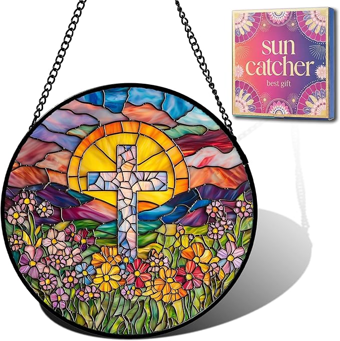 Christian Gifts for Women - Flower Cross Faux Stained Glass Window Hanging Sun Catcher for Acrylic Home Decor Mother's Day Christmas Easter Religion Gift for Mom Nana Men Grandma Wife Dad 6.3"