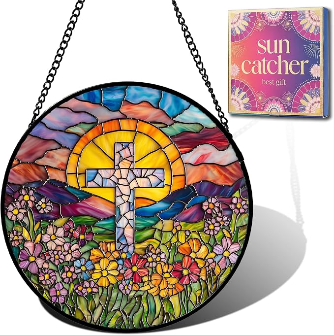 Christian Gifts for Women - Flower Cross Faux Stained Glass Window Hanging Sun Catcher for Acrylic Home Decor Mother's Day Christmas Easter Religion Gift for Mom Nana Men Grandma Wife Dad 9.8"