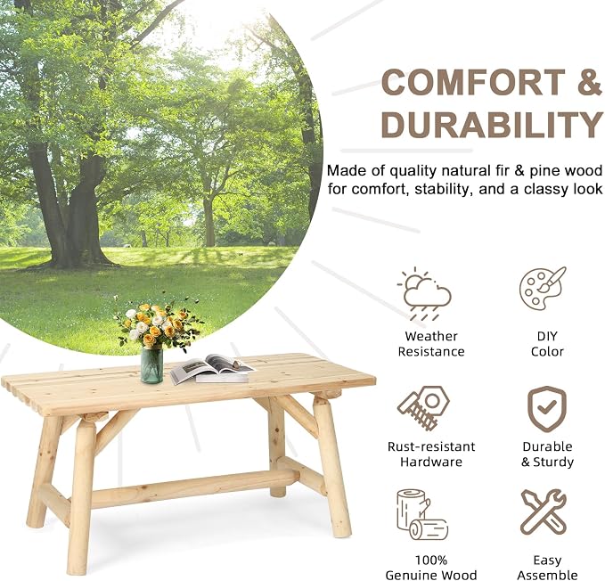 Outdoor Coffee Table, Thick Wooden Patio Adirondack Log Coffee Table with Slatted Tabletop, Solid Wood Rustic Rectangle Center Table for Deck, Garden, Balcony, Indoor or Outdoor Use, Natural