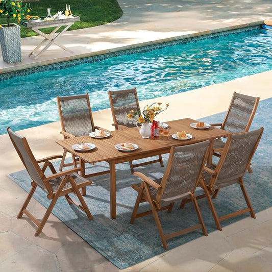 OC Orange-Casual 7 Pieces Patio Dining Set Outdoor Furniture with 6 Foldable Acacia Wooden and Rope Chairs and Large Table for Outdoor,Yard, Garden, Porch，Beige
