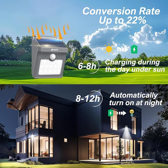 JEJOT 6 Pack Solar Motion Lights Outdoor Waterproof,270° Wide Angle,3 Modes Solar Wall Lights, Anti Glare Solar Powered Flood Lights for Fence Garage Garden Patio Yard