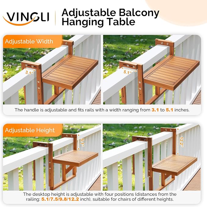 VINGLI 22in Acacia Wood Folding Balcony Hanging Table – Adjustable Height & Width, Balcony Railing Table Ideal for Different Railing Widths,Perfect for Balcony,Patio,Rectangular,Natural Wood Color