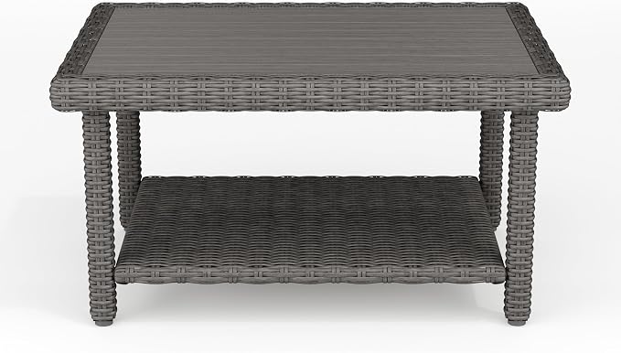 Martha Stewart Bedford Indoor-Outdoor Patio Coffee Table with Lower Shelf, Faux Wood Top, and Rattan Wicker Finish in Gray