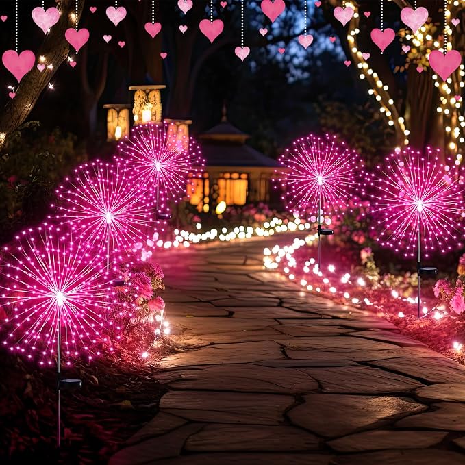 Tujoe 6 Pack Pink Solar Firework Lights 180 LED 8 Lighting Modes Waterproof Outdoor Decorative Solar Lights for Wedding Valentine Birthday Garden Patio Yard Pathway Walkway Lawn Decor