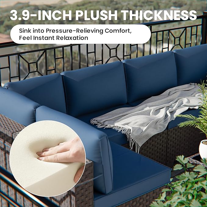 11 Pieces Outdoor Patio Furniture Set,Outdoor Sectional Furniture with 43" 55000 BTU Gas Propane Fire Pit Table,PE Rattan Wicker Patio Conversation Set,Swivel Rocking Chairs Set,Navy Blue