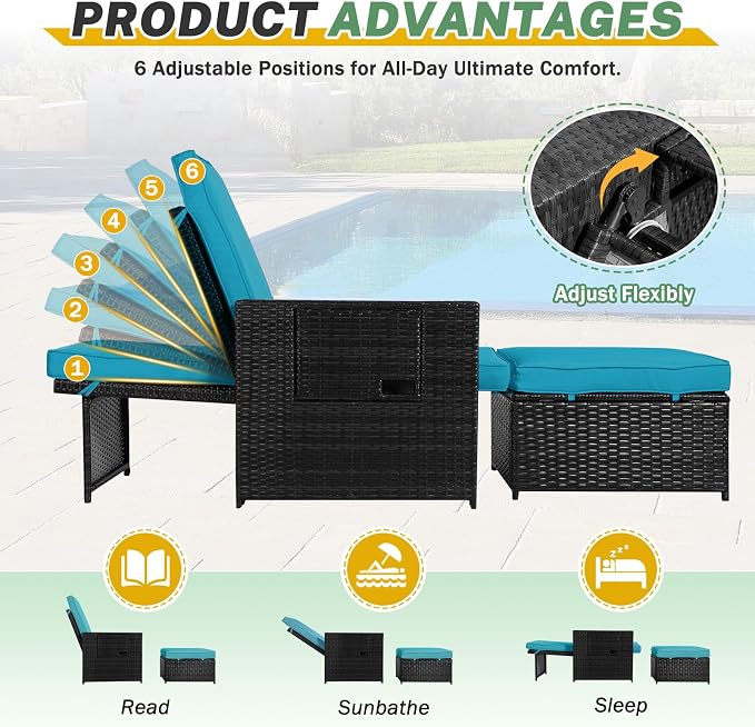 LVUYOYO 5 Piece Patio Furniture Set, Patio Wicker Conversation Set with Ottoman, Outdoor Chaise Lounge Chair with Side Table & Adjustable Backrest for Pool Backyard Garden (Black Wicker Green Cushion)