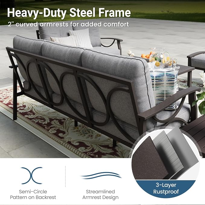 RoyalCraft Outdoor Patio Furniture Set, 9 Seats Outdoor Patio Set with 4" Thick Cushion, All-Weather Metal Patio Sofa with Coffee Table, Outdoor Sectional Furniture for Porch Backyard, Khaki&Grey