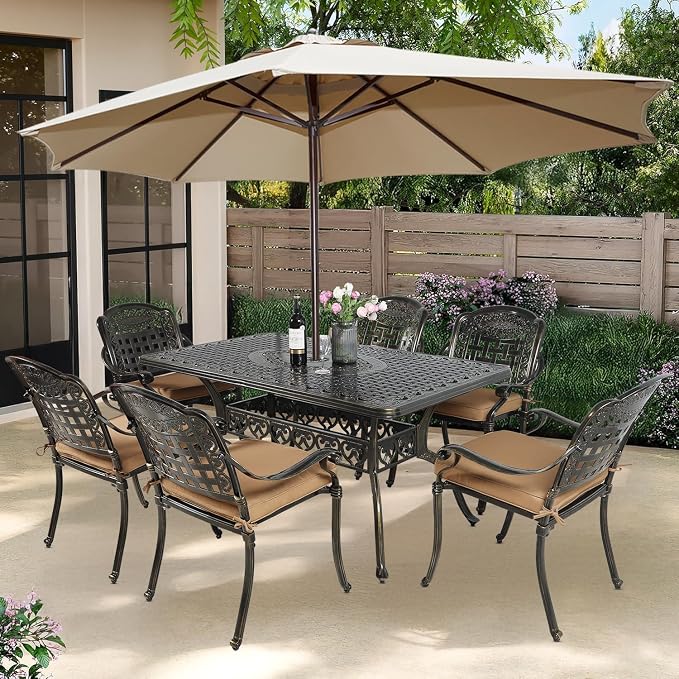 7-Piece Outdoor Patio Dining Set, 60” Rectangular Cast Aluminum Dining Table with Umbrella Hole and 6 Outdoor Dining Cushioned Chairs, Patio Funiture Set for Backyard, Patio, Garden