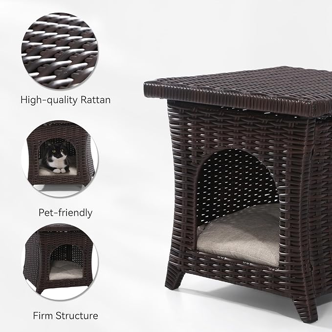Outdoor Wicker Side Table, Patio Side Table with Thick Cushion for Pet Cats, PE Wicker End Table for Balcony Porch Deck