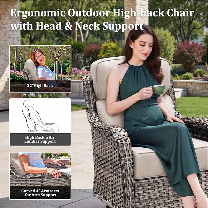 Luxury Outdoor Swivel Rocker Patio Chairs Set of 3, High Back Swivel Patio Chairs with Side Table & 6-Inch Thick Cushions, Wicker Outdoor Bistro Set for Porch, Yard, Deck, Poolside, Grey/Beige