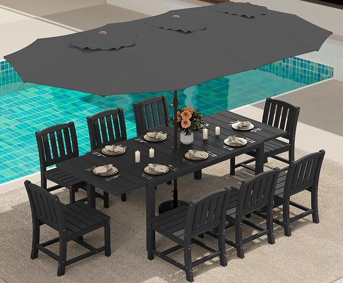 SERWALL 10-Piece Patio Dining Sets with 15FT Patio Umbrella, Black | 60" - 83" Expandable Outdoor Dining Table and 8 HDPE Chairs, All Weather HDPE Outdoor Furniture Set