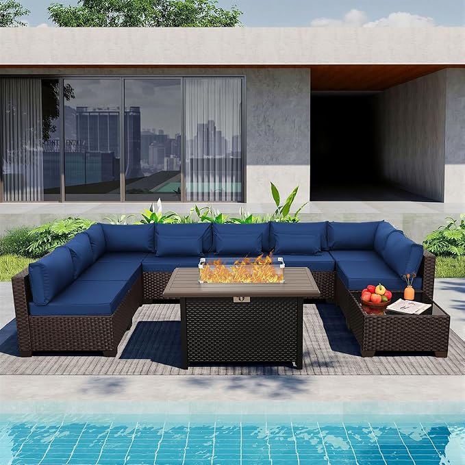 Lviden 10 Pieces Wicker Patio Furniture Set with Patio Glass Table Outdoor Sectional Conversation Sofa Set with 43 inches Fire Pit Table and Non-Slip Cushione, Navy Blue