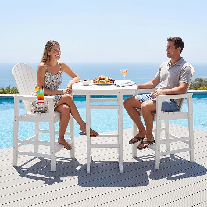 WILLIAMSPACE Height Patio Bar Table Set of 3, Outdoor Square Bar Table with Umbrella Hole, 2 Bar Stools with Cup Holders, 3-Piece All-Weather Outdoor Bistro Set for Kitchen Outside (White)