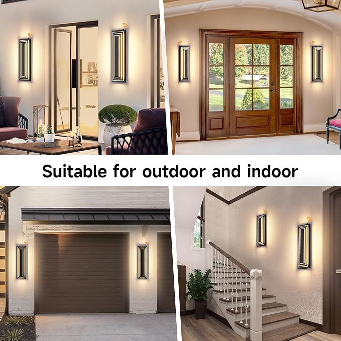 Dusk to Dawn Outdoor LED Wall Lights,3-Tier 23.6 in,36W,2 Packs | Black Long Exterior Lighting Fixtures,Modern Porch Light,Waterproof Outside Lights For House,Garage, Patio,3000K Warm White