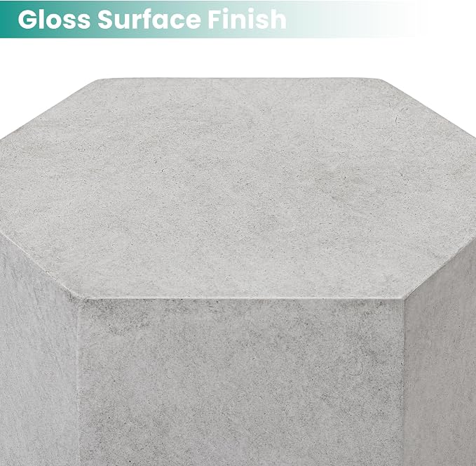 SUNBURY Outdoor Side Table, 18" Hexagon End Table Gloss Finish w Geometric Pedestal, Patio Concrete Accent Table Modular Design Decor, Lightweight Garden Stools for Balcony, Porch, Living Room, Grey