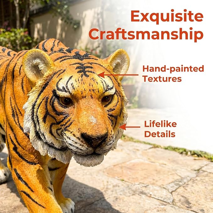 33" Large Tiger Garden Statue, Orange with Black Stripes | Fierce Walking Tiger Sculpture, For Outdoor Patio & Pool Area, Hand-Painted