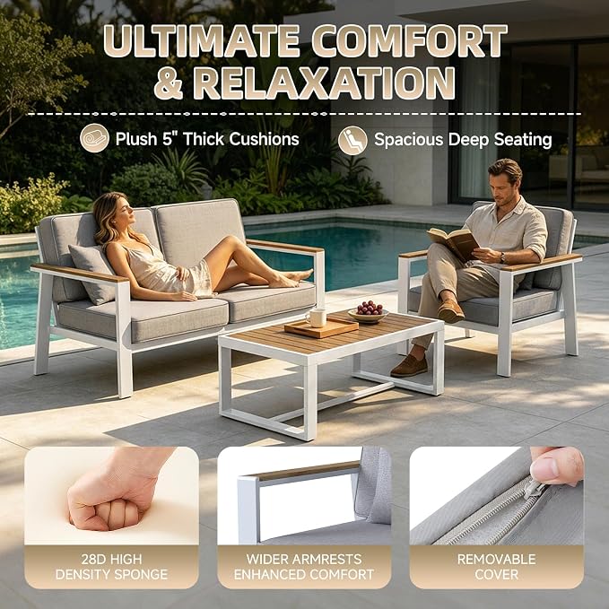Premium Aluminum Patio Furniture Set 4 Piece,Outdoor Conversation Set with Wide Armrest,5" Thick Cushions, Olefin Fabric,Rustproof Metal Frame,Deep Seating Patio Sofa Set for Backyard,Deck,villa,White