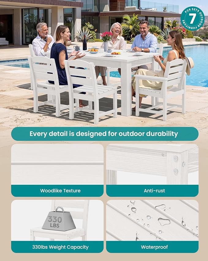SERWALL 59" HDPE Patio Dining Set for 6, w/ 1 Table & 6 Chairs, White