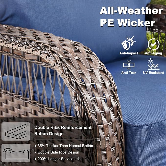 2 PCS Patio Swivel Rocking Chairs, Outdoor Wicker Furniture Set with 5-Inch Thick Olefin Cushions, 360° Swivel Rocker Patio Chairs for Garden, Porch, Backyard, Blue/Brown Wicker
