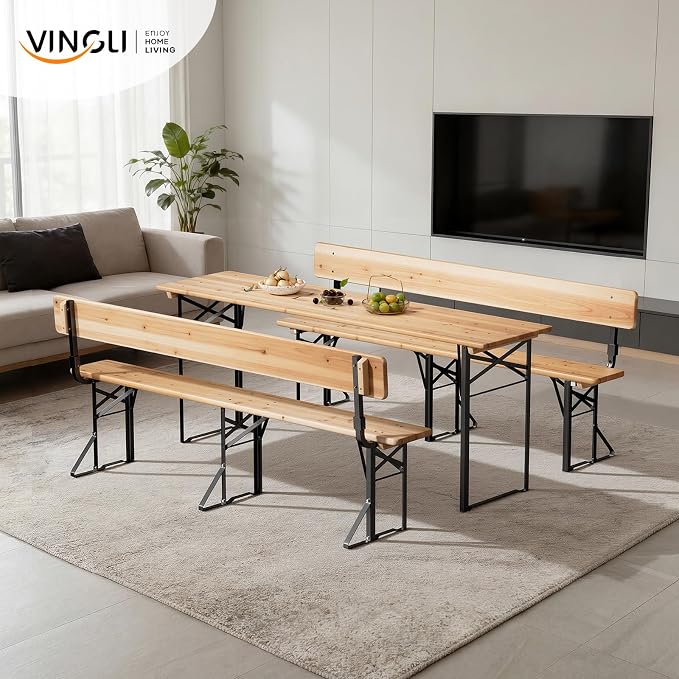 VINGLI 70 Inch Folding Picnic Tables and Chair Set with Backrest Bench, Weather-Resistant Wooden Beer Garden Table Bench, 3-Piece Portable Fold Up Camping BBQ Table,Natural Wood Color